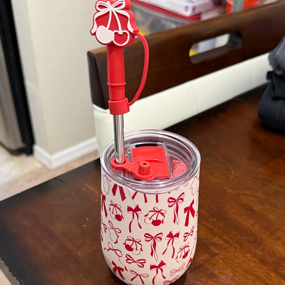 Red Bow Pattern Insulated Tumbler with Lid & Straw Charm 💜